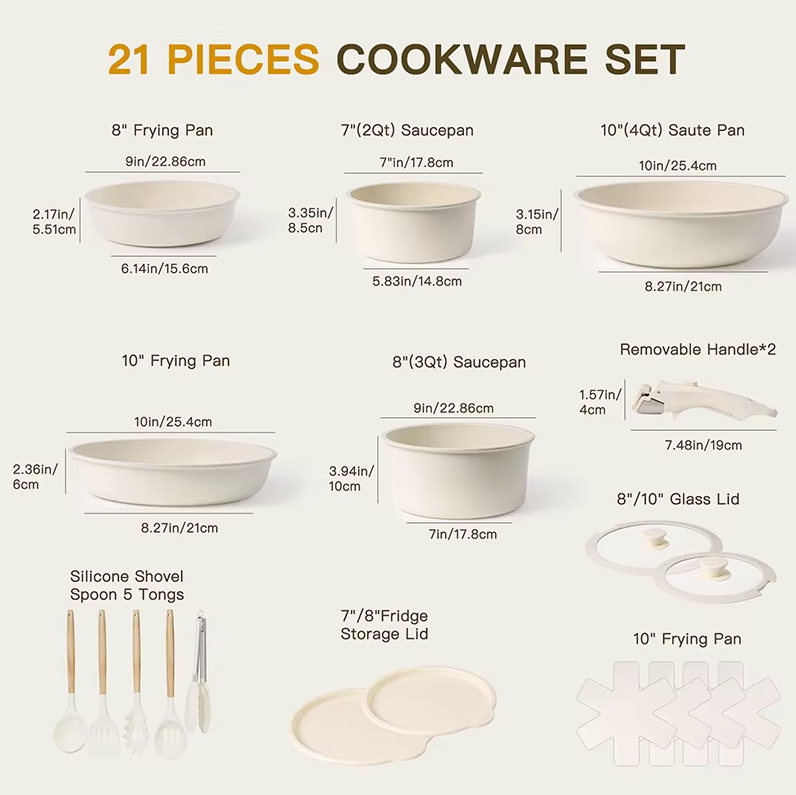 21 Piece Pots and Pans Set Non-Stick, Astercook Ceramic Cookware Set with Sensor Handles, Milky white thumbnail 6