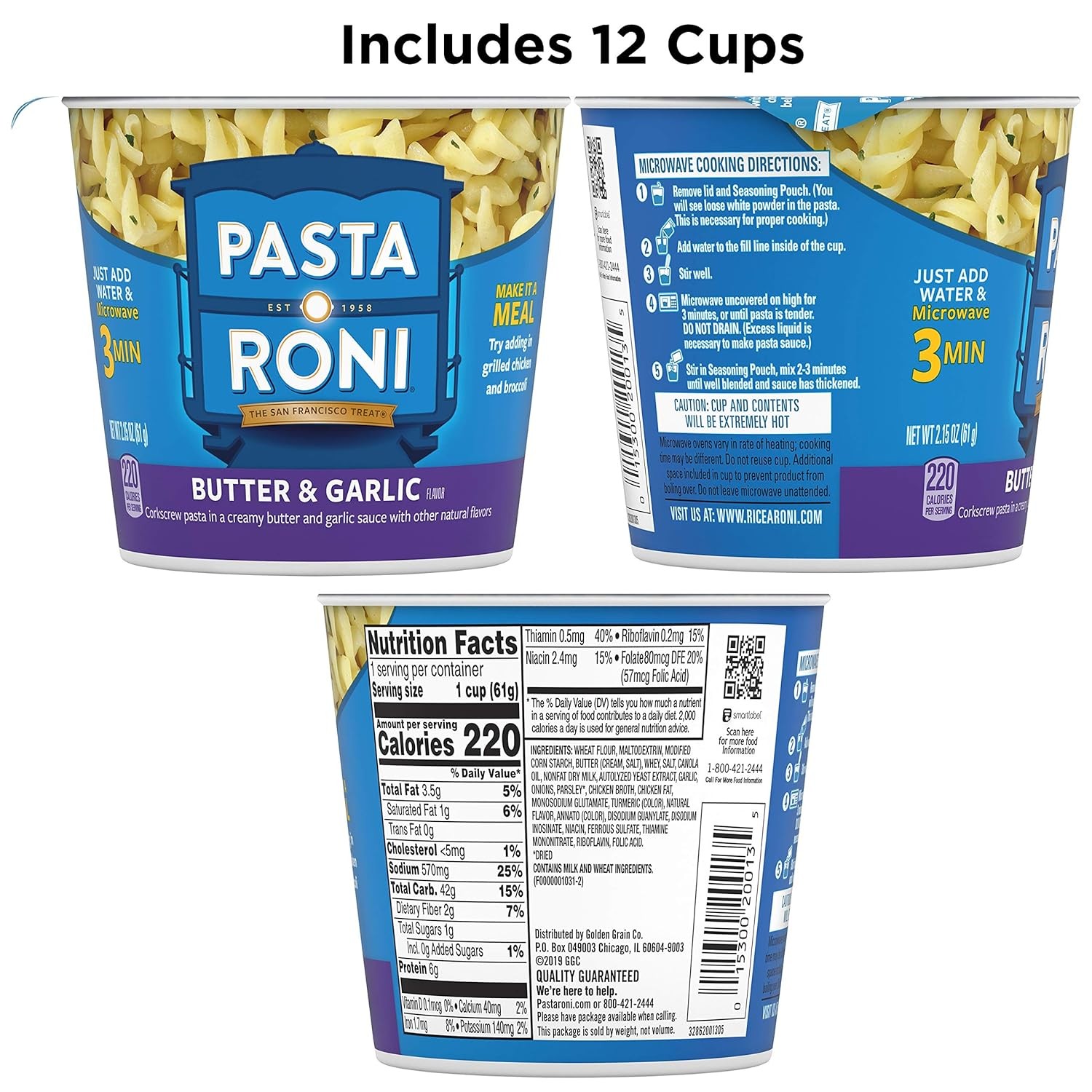 Pasta Roni Cups Mix, Butter & Garlic Pasta, 2.15 Oz (Pack of 12) thumbnail 2