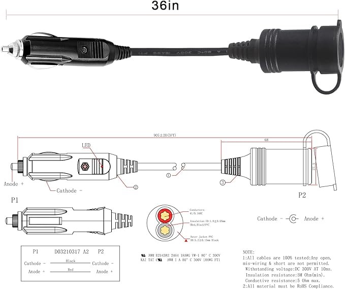 12V Cigarette Lighter Extension Cord 3FT -Car Charger Cigar Lighter Male Plug to Female Socket 18AWG Heavy Duty Extension Cable with LED Lights Extender for Air Compressor Pump and Tire Inflator 15A thumbnail 7
