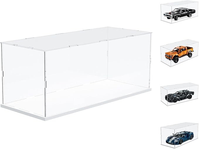 Choowin Acrylic Display Case for Lego, Diecast Car, Clear Thickened Acrylic Display Cases for Collectibles, Assemble Dustproof (White Base)
