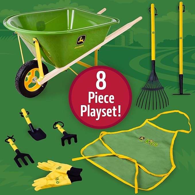 John Deere Deluxe 34" Wheelbarrow and Garden Set Includes 5 Realistic Gardening Tools,Gardening Apron, Gardening Gloves, Large Wheelbarrow, Outdoor Toy Ages 5+ thumbnail 4