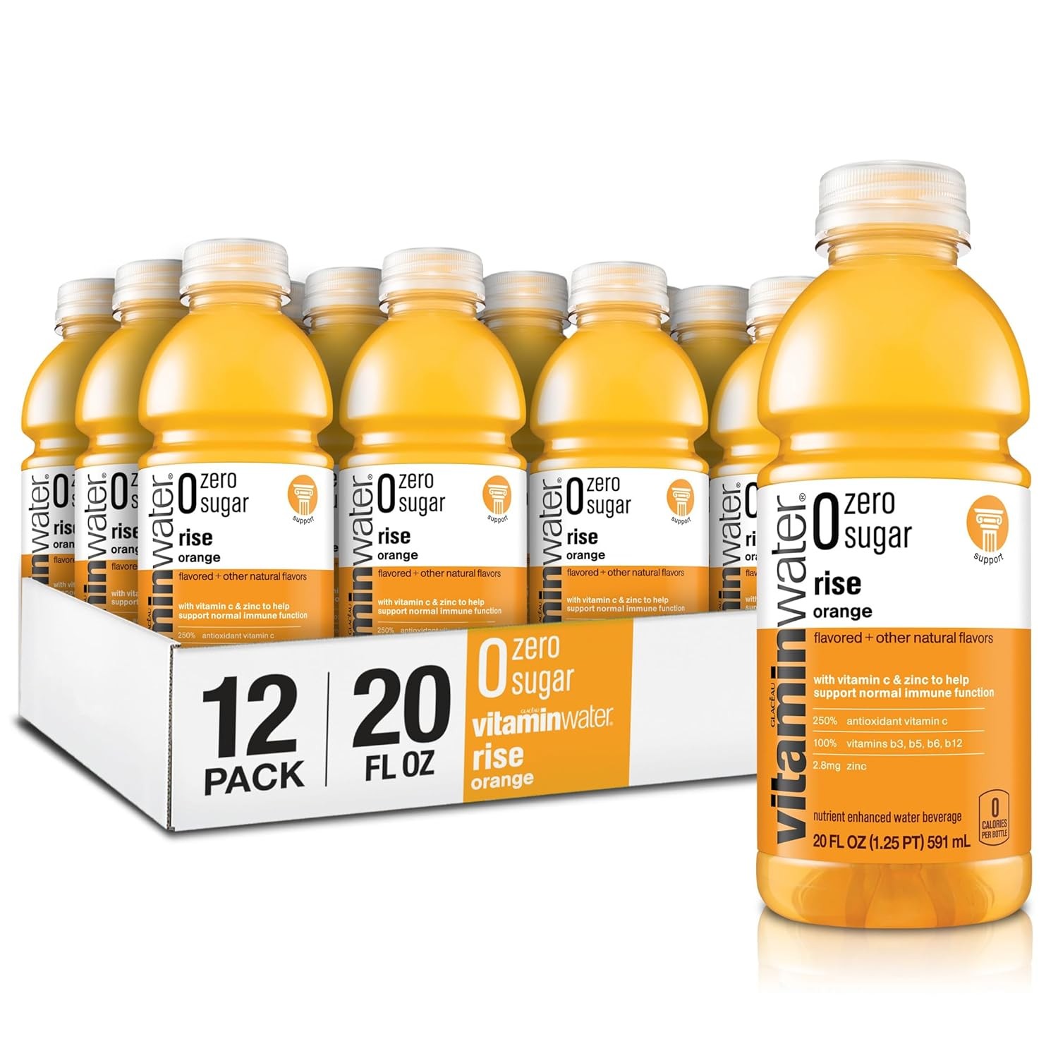vitaminwater zero sugar rise, electrolyte enhanced water w/vitamins, orange drinks, 20 fl oz, 12 Pack