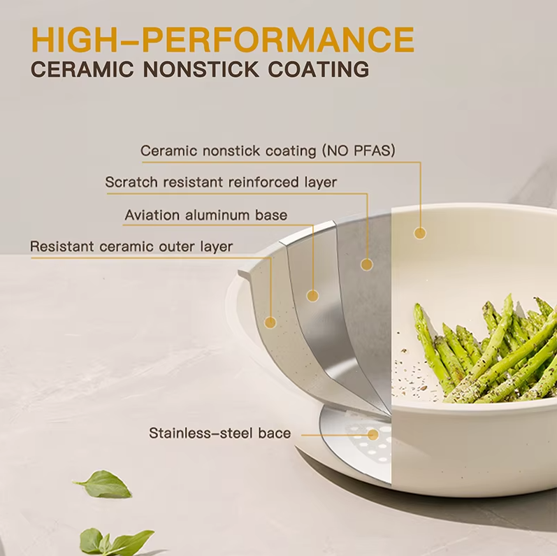 21 Piece Pots and Pans Set Non-Stick, Astercook Ceramic Cookware Set with Sensor Handles, Milky white thumbnail 5