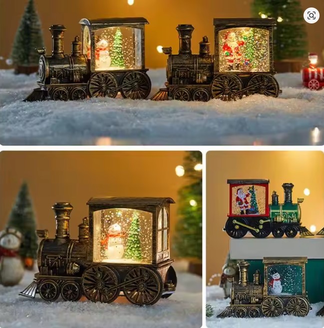 Christmas Train Snow Globe Vintage Train Snowflake Light Winter Holiday Glittering Santa Claus Snowmen Snow Globe Bedside Table thumbnail 2
