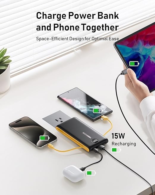 Portable Charger Power Bank Built in Cables and Wall Plug, 10000mAh iPhone Battery Pack Fast Charging, USB C External Slim Power Bank, Travel Essentials Compatible with iPhone 16 15 14 13 Samsung iPad thumbnail 3