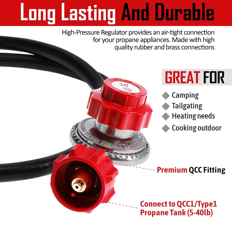 GasOne 4 ft High Pressure Propane 0-20 PSI Adjustable Regulator with Red QCC-1 Type Hose - Works with Newer U.S. Propane Tanks thumbnail 2