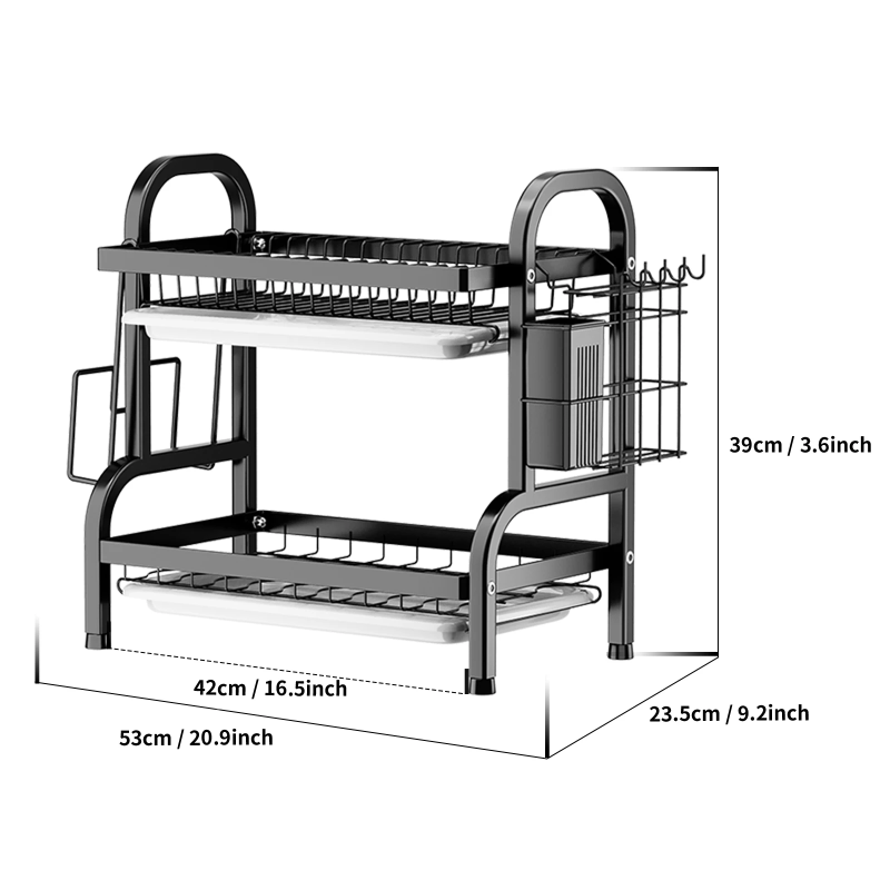 2-Tier Dish Drying Rack With Drain Board, Kitchen Counter With Cutlery & Cup Holder & Drainboard Black thumbnail 4
