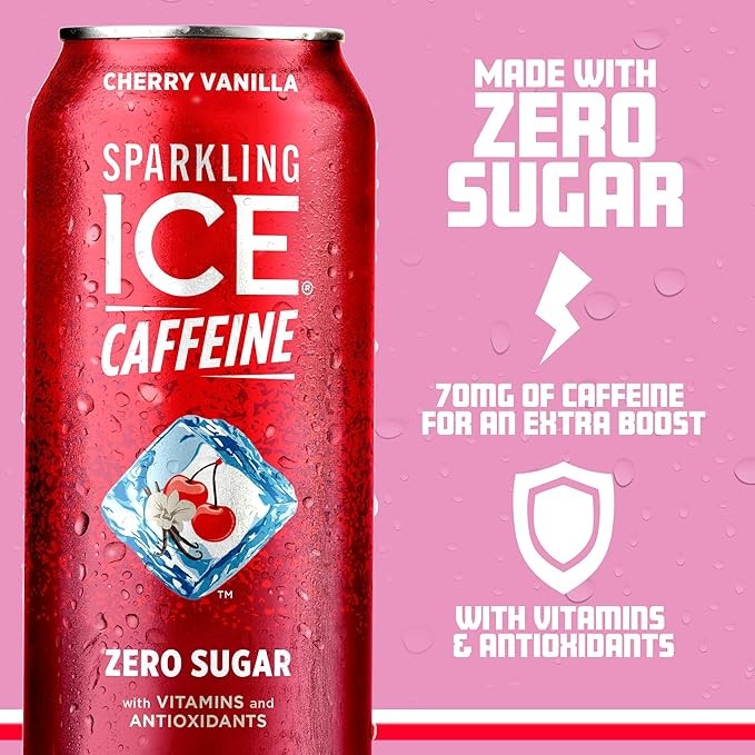 Sparkling Ice Caffeine Cherry Vanilla Sparkling Water with Caffeine, Zero Sugar, with Antioxidants and Vitamins,16 fl oz Cans (Pack Of 12) thumbnail 2