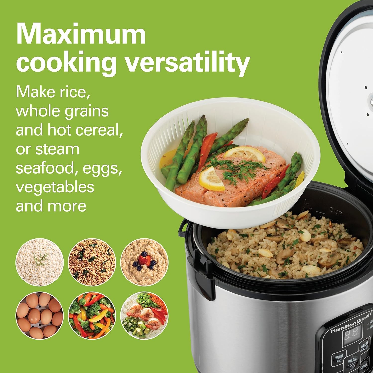 Open Box Hamilton Beach Digital Programmable Rice Cooker & Food Steamer, 8 Cups Cooked (4 Uncooked), With Steam & Rinse Basket, Stainless Steel thumbnail 2