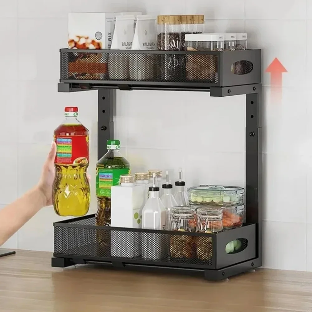 2 Tier Adjustable Height Under Sink Organizer with Sliding Drawer Pull Out Under Cabinet Kitchen Bathroom Organizer and Storage Black thumbnail 4