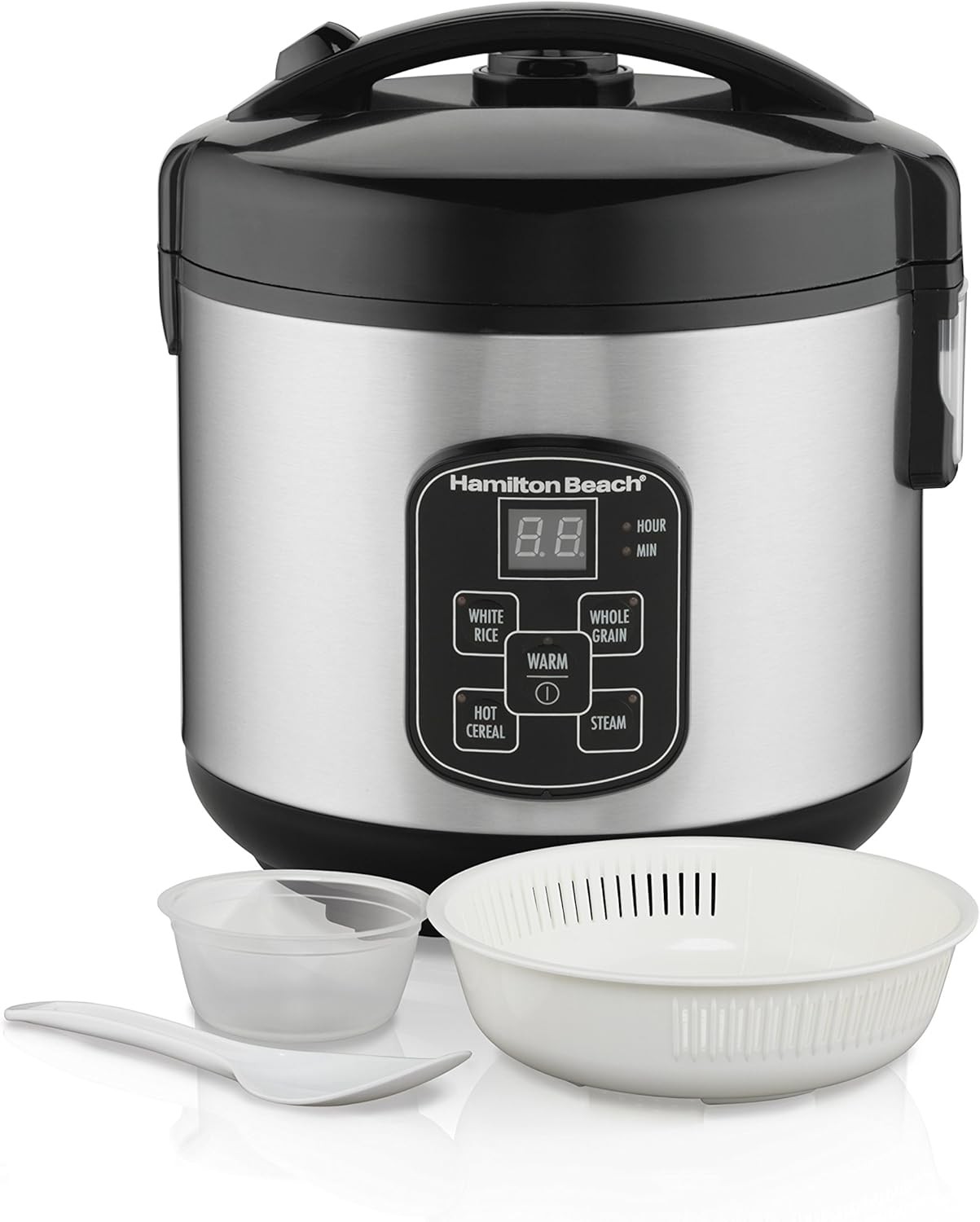 Open Box Hamilton Beach Digital Programmable Rice Cooker & Food Steamer, 8 Cups Cooked (4 Uncooked), With Steam & Rinse Basket, Stainless Steel