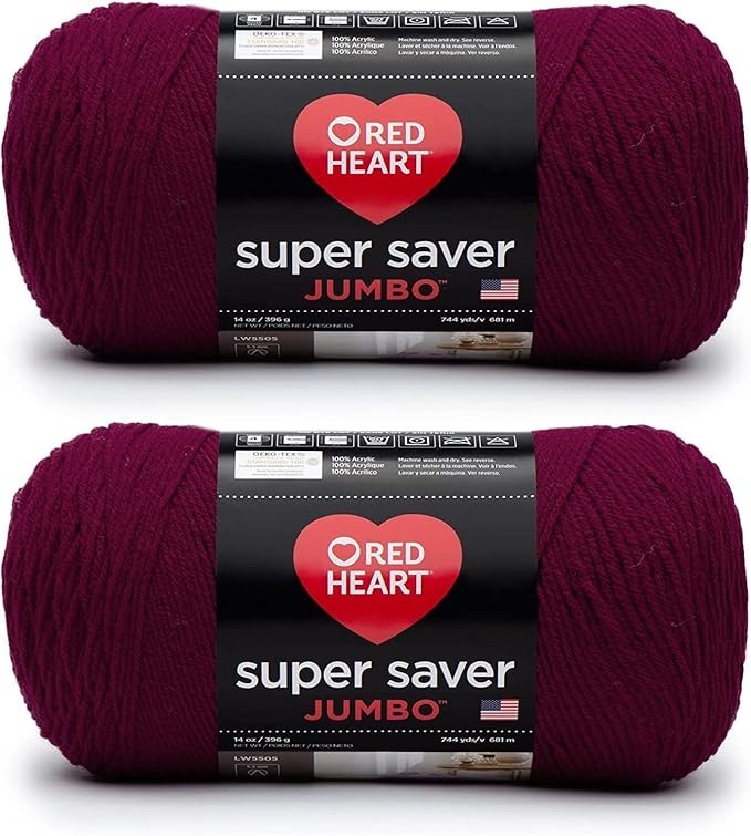 Red Heart Super Saver Jumbo Burgundy Yarn - 2 Pack of 396g/14oz - Acrylic - 4 Medium (Worsted) - 744 Yards - Knitting/Crochet
