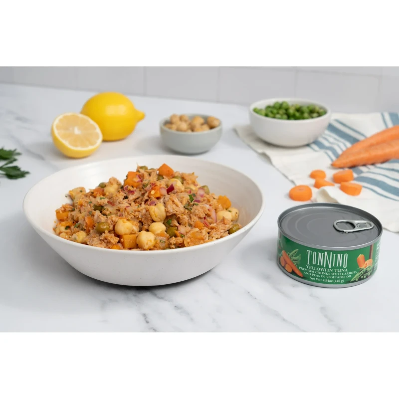 Tonnino Premium Yellowfin Tuna chunks with carrots and peas in vegetable oil, 4.94 oz, Can, Wild Caught thumbnail 2