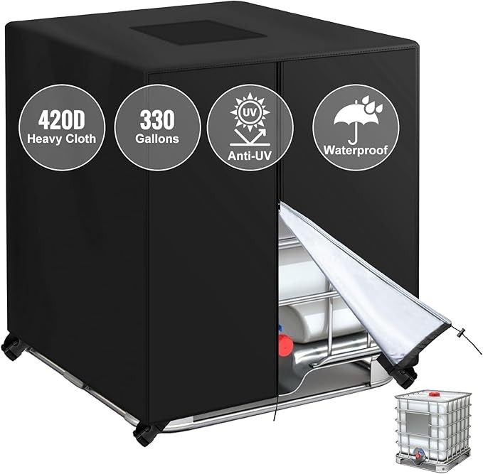 IBC Tote Cover for 330 Gallon ï¼ŒZipper 420D Heavy Waterproof Sunscreen Material Water Tank Cover for 330 Gallon 1250L (Black)
