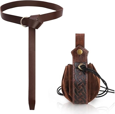 2 Pcs Medieval Viking Belt Set with Pouch, Renaissance Leather Belt and Waist Bag, Vintage Knight Accessories for Halloween Cosplay