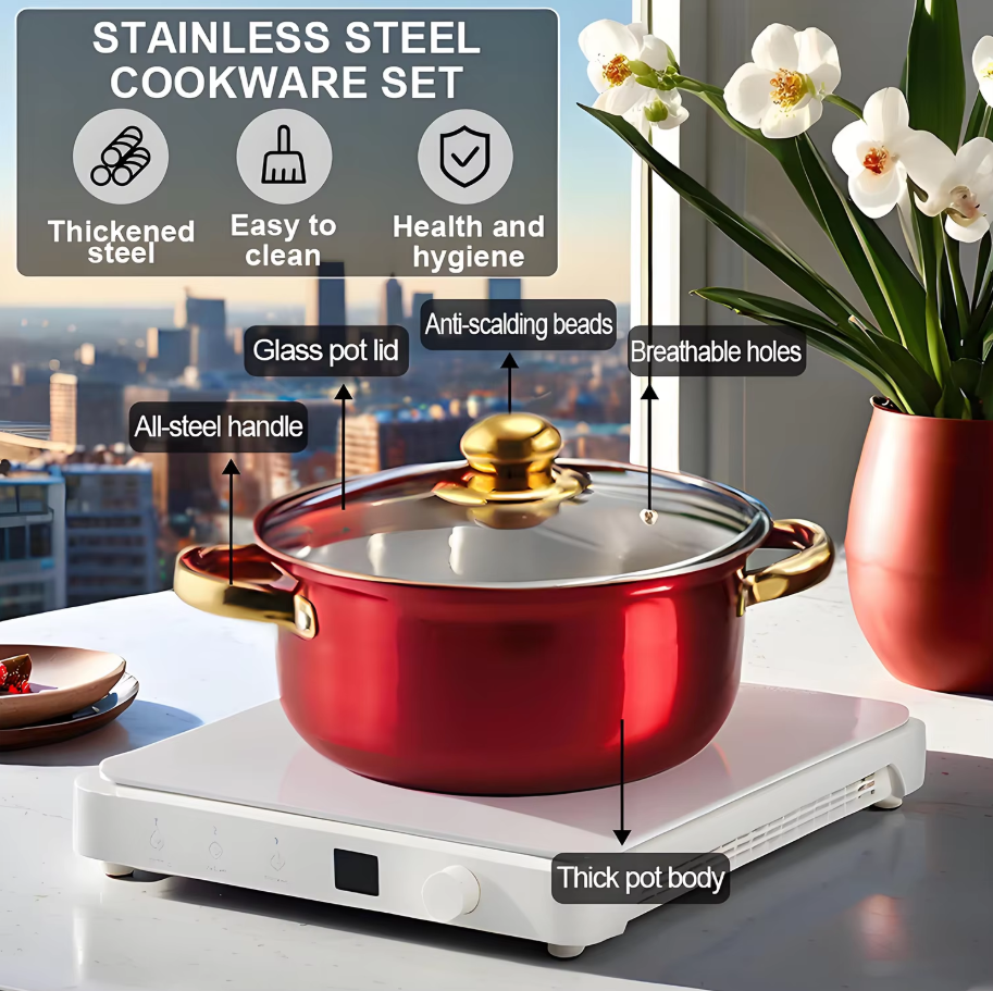Red Cookware Set, 12-Piece ,Stainless Steel, Non-Stick, Kitchen Cookware Collection, Complete Kitchen Solution thumbnail 4