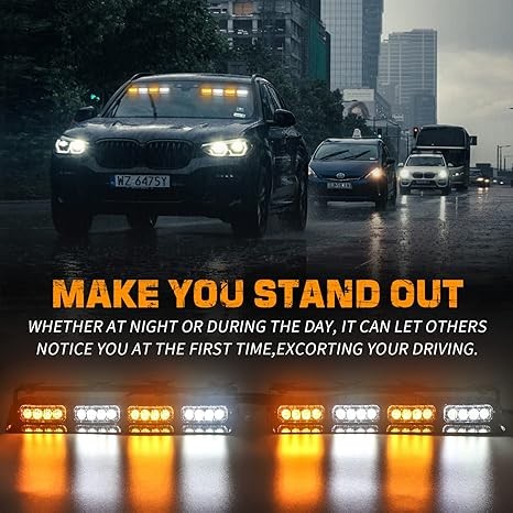 XRIDONSEN Emergency Dash Strobe Lights Safety Flashing Warning Hazard Interior Front/Rear Windshield Deck Split Light Bar w/Suction Cups for Construction Vehicles Trucks (2x14 inch, Amber White) thumbnail 4