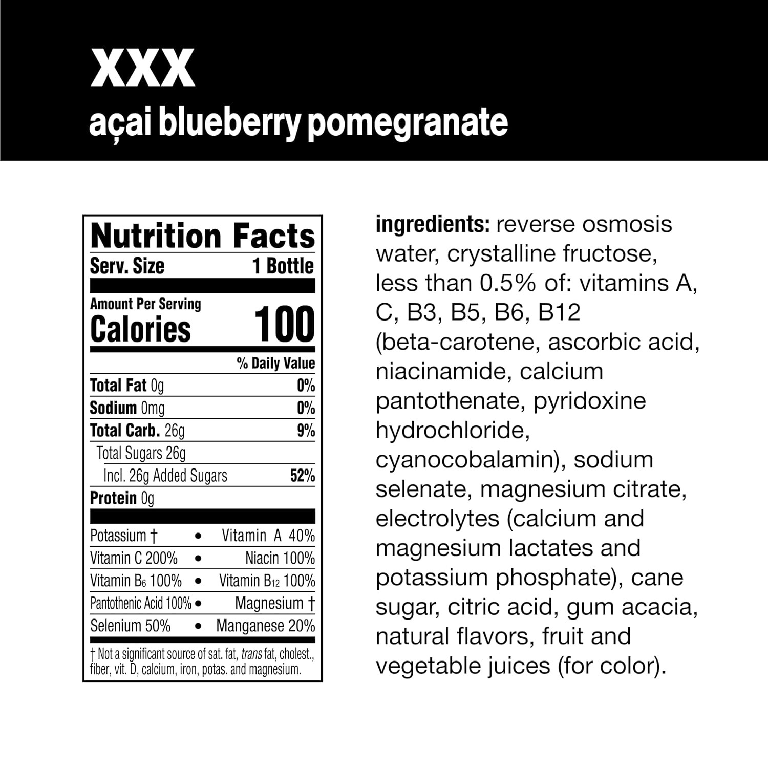 vitaminwater xxx, electrolyte enhanced water w/vitamins, aÃ§ai-blueberry-pomegranate drinks, 20 fl oz, 12 Pack thumbnail 2