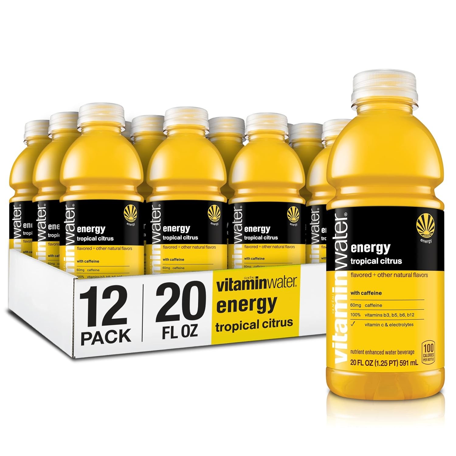 vitaminwater energy electrolyte enhanced water w/vitamins, tropical citrus drinks, 20 fl oz, 12 Pack