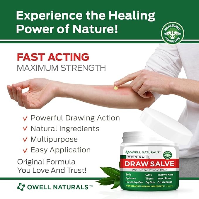 OWELL Naturals Drawing Salve Ointment 1oz, ingrown Hair, Boil, Splinter Remover, Bug Spider Bites, bee Sting, Mosquito bite Itch, Poison Ivy thumbnail 3