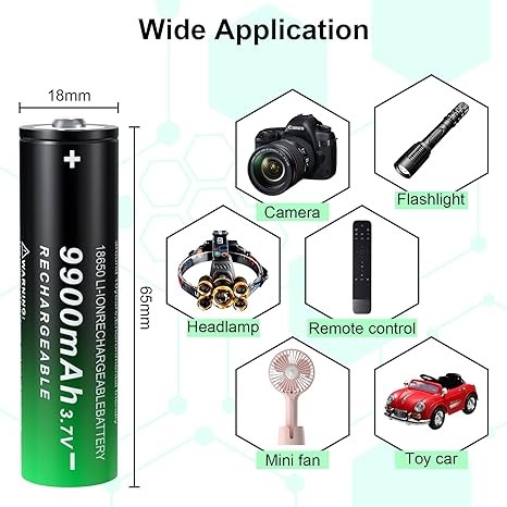 2 Pack 3.7 Volt 18650 Rechargeable Battery 9900mAh Battery Button Top Li-ion Battery for Flashlight, Headlamp thumbnail 3