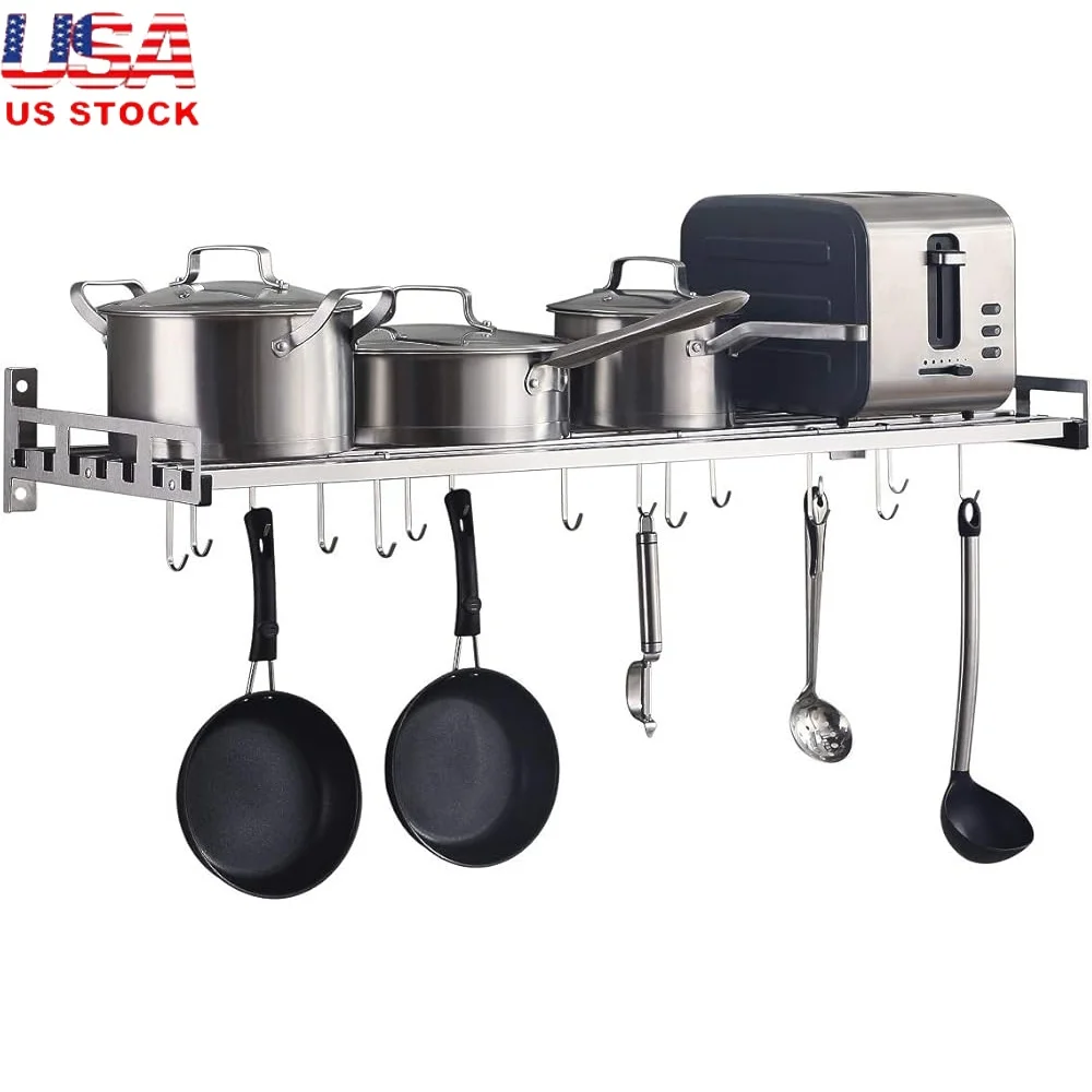 Wall Mounted Stainless Steel Pots and Pans Rack with 16 Hooks Kitchen Organizer Bathroom Shelf Space Saver Home Storage thumbnail 7