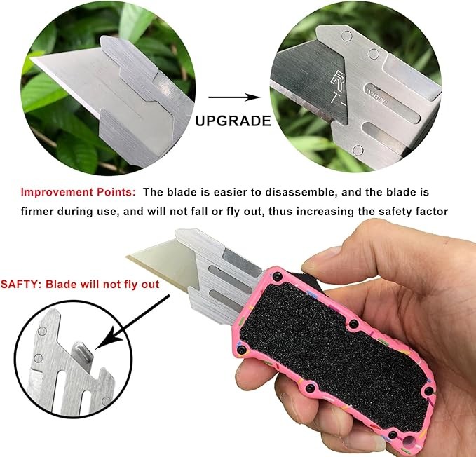 Automatic Utility Knife, Premium Pink Retractable Box Cutter, Cute Aluminum Alloy Heavy Duty Pocket Knife, Safety Replaceable Blade EDC Razor Knives with 5PCS Blades thumbnail 2