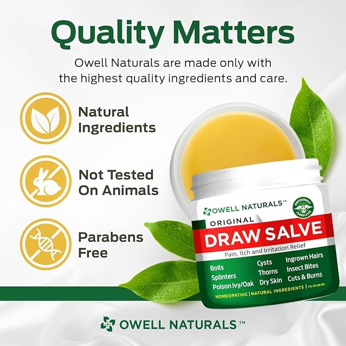 OWELL Naturals Drawing Salve Ointment 1oz, ingrown Hair, Boil, Splinter Remover, Bug Spider Bites, bee Sting, Mosquito bite Itch, Poison Ivy thumbnail 4