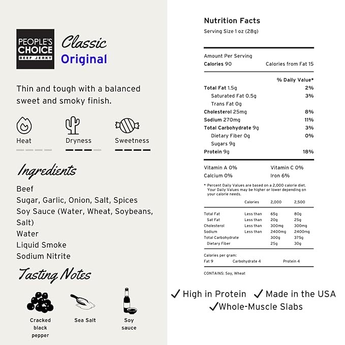 People's Choice Beef Jerky - Classic - Original - Big Slab - Whole Muscle Premium Cuts - Bulk Jerky Package - Thin Sheets - Low Sodium Low Salt High Protein Meat Snack - 15 Count, 1 Bag thumbnail 4