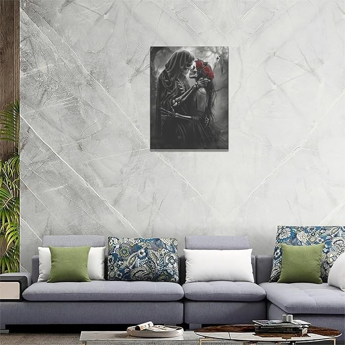 Gothic Skull Wall Art Pictures Goth Skeleton Wall Decor Canvas Painting Home Modern Artwork Decorations Framed for Bathroom Living Room Bedroom Office 12 x 16 inch thumbnail 2