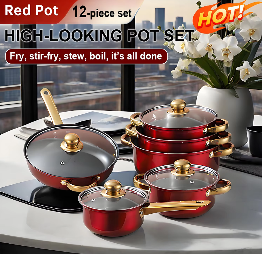 Red Cookware Set, 12-Piece ,Stainless Steel, Non-Stick, Kitchen Cookware Collection, Complete Kitchen Solution thumbnail 2