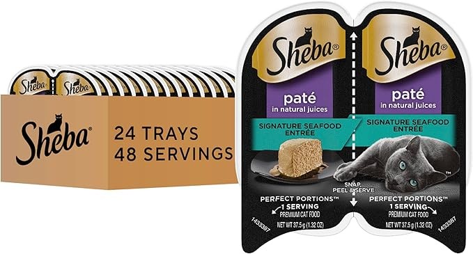 Sheba Perfect Portions PatÃ© Adult Wet Cat Food Trays, Signature Seafood EntrÃ©e, Easy Peel Twin-Pack Trays (24 Count, 48 Servings)