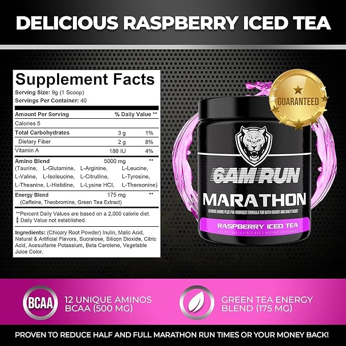 6AM Run Marathon, Pre-Workout Powder for Distance Running, Essential Amino Energy for Cardio & Stamina, All-Natural High-Energy Formula with No Jitters, Raspberry Iced Tea, 40 Servings thumbnail 2