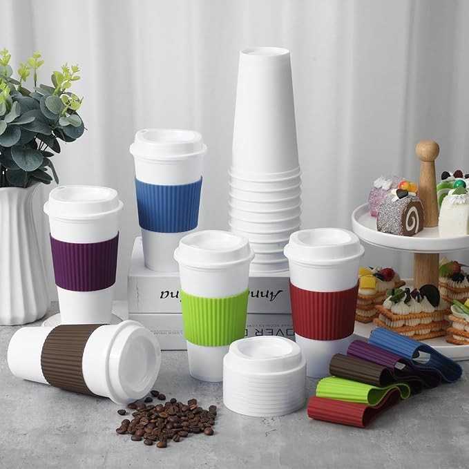 15 Pieces Reusable Coffee Cups with Lids and Non Slip Sleeves, 16 oz Insulated Reusable Hot Cups Bulk Travel Coffee Mugs Plastic Tumblers Cup with Lids for Hot Cold Drinks(Bright Color) thumbnail 4