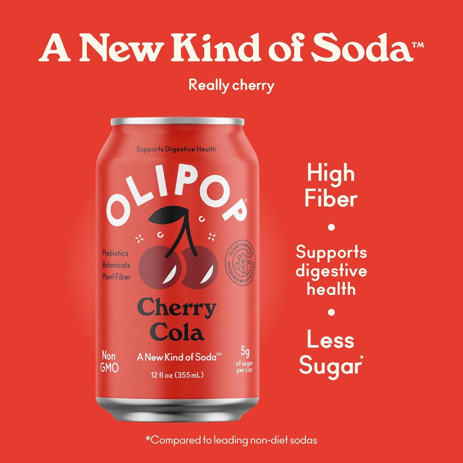 OLIPOP Prebiotic Soda Pop, Cherry Cola, A New Kind of Soda Packed with Prebiotics, Fiber, and Botanicals, Gluten Free, Vegan, GMO Free, 12oz (12-Cans) thumbnail 4