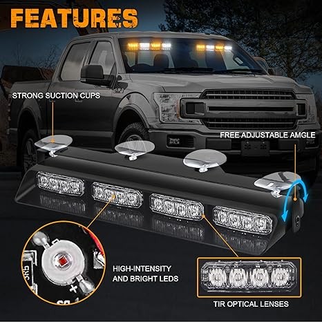 XRIDONSEN Emergency Dash Strobe Lights Safety Flashing Warning Hazard Interior Front/Rear Windshield Deck Split Light Bar w/Suction Cups for Construction Vehicles Trucks (2x14 inch, Amber White) thumbnail 2