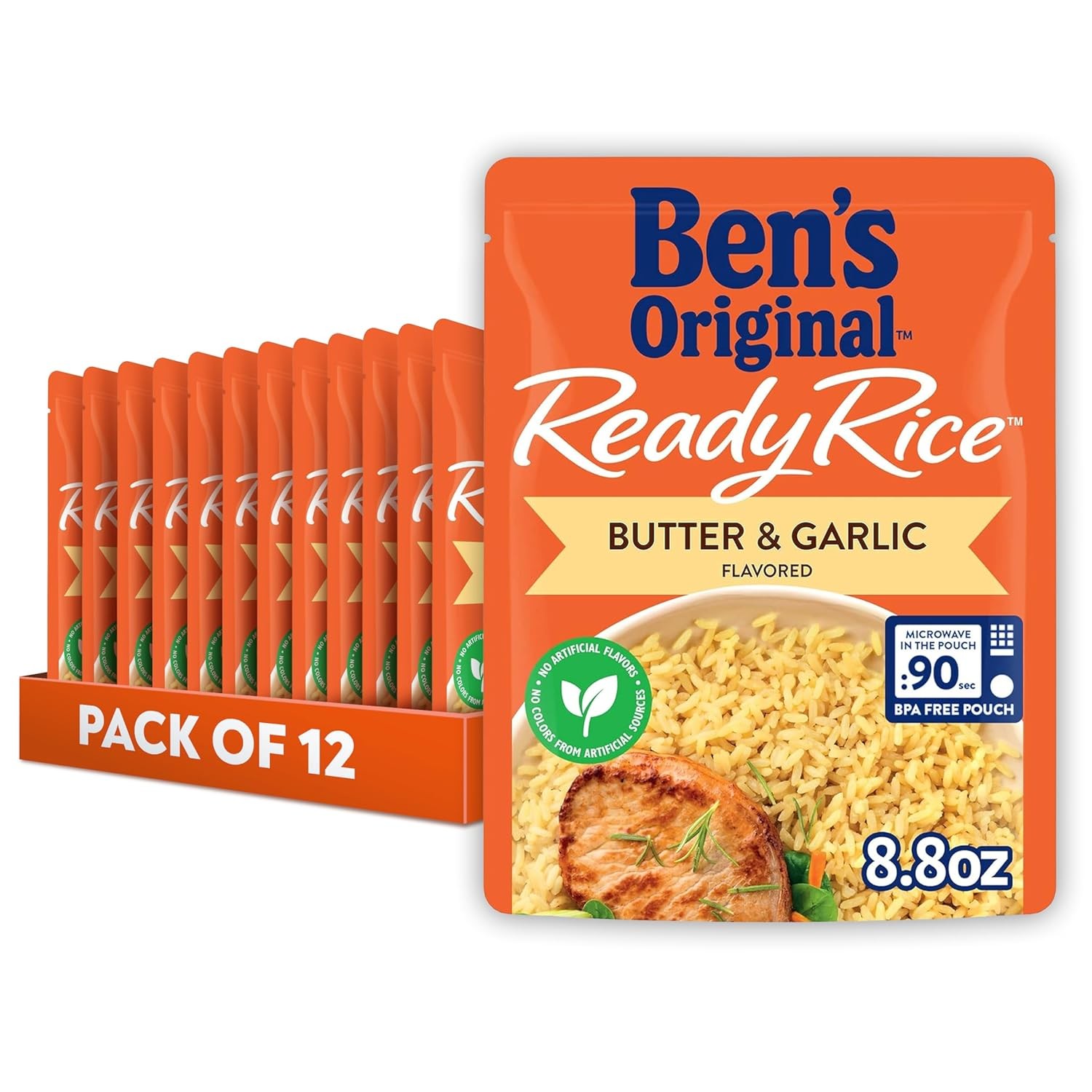 BEN'S ORIGINAL Ready Rice Butter and Garlic Flavored Rice, Easy Dinner Side, 8.8 oz Pouch (Pack of 12)