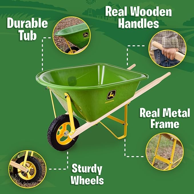 John Deere Deluxe 34" Wheelbarrow and Garden Set Includes 5 Realistic Gardening Tools,Gardening Apron, Gardening Gloves, Large Wheelbarrow, Outdoor Toy Ages 5+ thumbnail 5