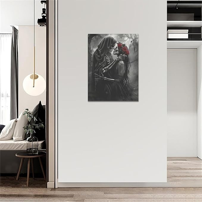 Gothic Skull Wall Art Pictures Goth Skeleton Wall Decor Canvas Painting Home Modern Artwork Decorations Framed for Bathroom Living Room Bedroom Office 12 x 16 inch thumbnail 3