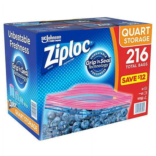 Ziploc Storage Quart Bags with New Stay Open Design, 216 ct.
