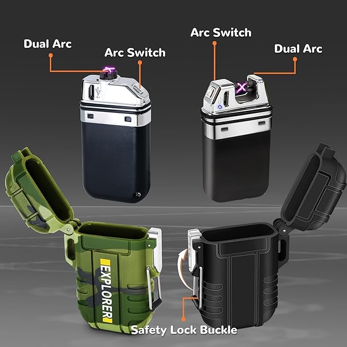 2 Pack Waterproof Lighter Outdoor Electric Lighter Dual Arc Lighter Windproof Lighter USB Rechargeable Lighter Flameless Plasma Lighter Camping Hiking Adventure Survival Tactical Gear thumbnail 6
