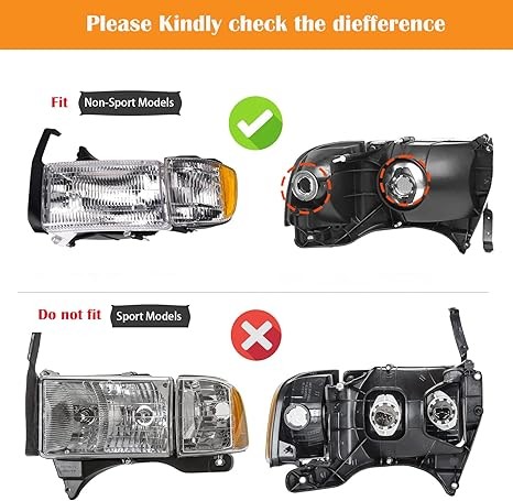 Headlights Assembly compatible with 1994-2001 Dodge Ram 1500,94-02 RAM 2500 3500 (Non-Sport Models) Headlights w/Bulb & Corner Lights, Driver Passenger Side, Chrome Housing Clear Lens thumbnail 2