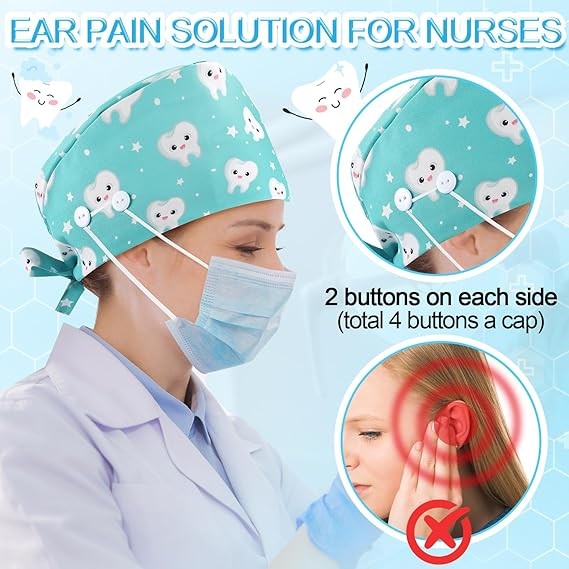 Hercicy 12 Pcs Satin Lined Scrub Caps for Women Dental Working Caps with Button and Sweatband Adjustable Dentist Nurse Scrub Unisex Elastic Bandage Tie Back Hats for Women Men Teeth Pattern thumbnail 4