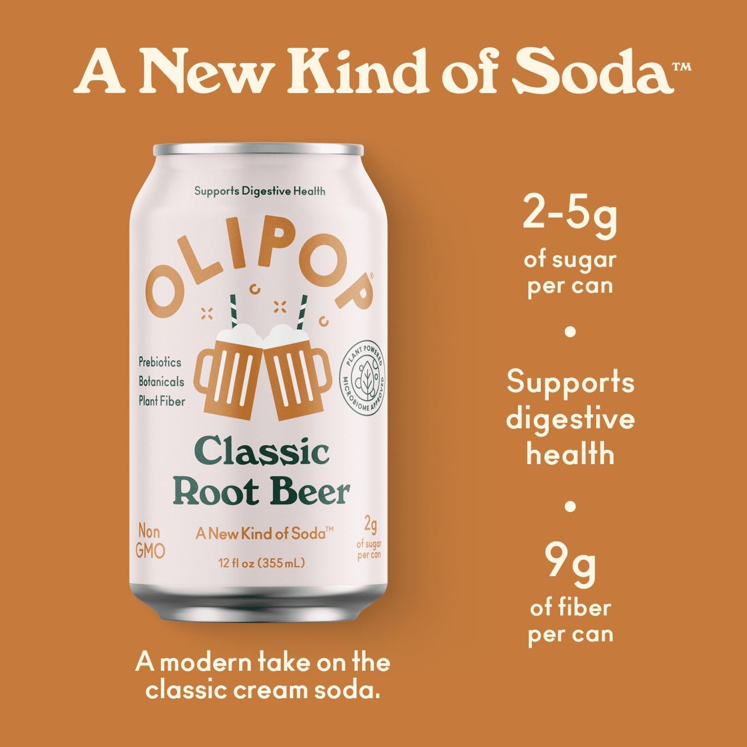 OLIPOP Prebiotic Soda Pop, Classic Root Beer, A New Kind of Soda Packed with Prebiotics, Fiber, and Botanicals, Gluten Free, Vegan, GMO Free, 12oz (12-Cans) thumbnail 4