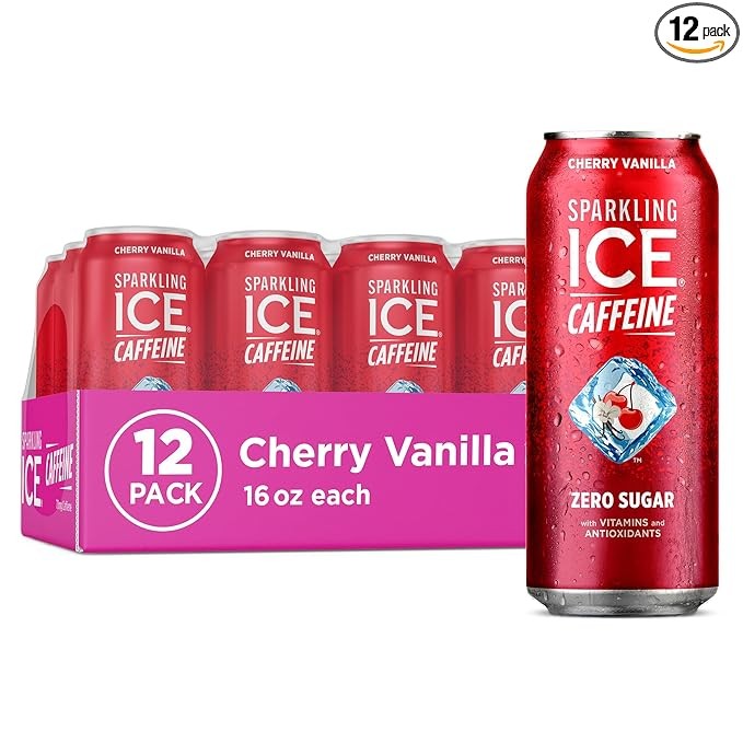 Sparkling Ice Caffeine Cherry Vanilla Sparkling Water with Caffeine, Zero Sugar, with Antioxidants and Vitamins,16 fl oz Cans (Pack Of 12)