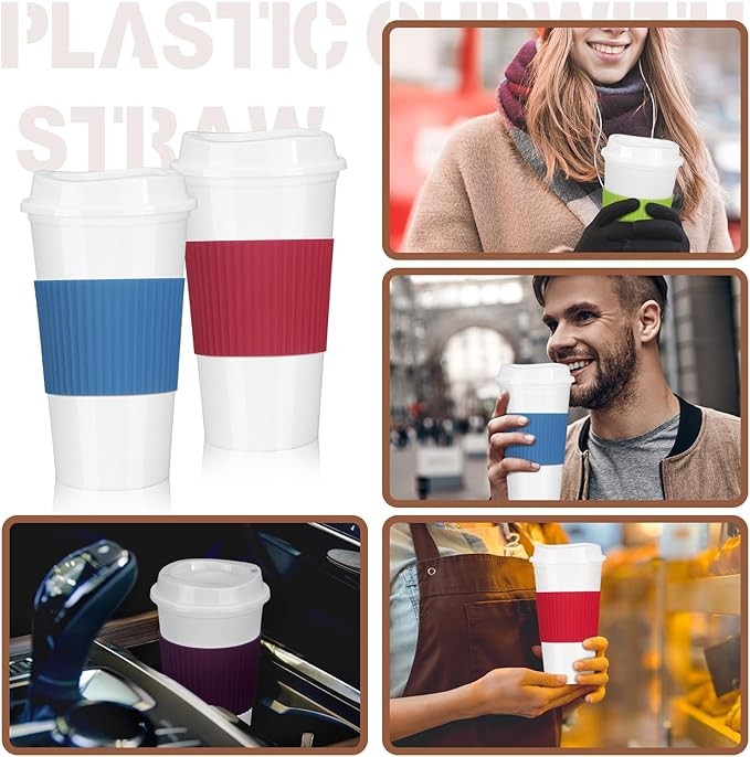 15 Pieces Reusable Coffee Cups with Lids and Non Slip Sleeves, 16 oz Insulated Reusable Hot Cups Bulk Travel Coffee Mugs Plastic Tumblers Cup with Lids for Hot Cold Drinks(Bright Color) thumbnail 3