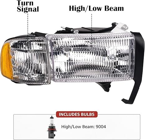Headlights Assembly compatible with 1994-2001 Dodge Ram 1500,94-02 RAM 2500 3500 (Non-Sport Models) Headlights w/Bulb & Corner Lights, Driver Passenger Side, Chrome Housing Clear Lens thumbnail 3