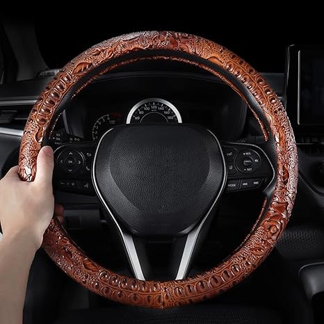 Leather Auto Car Steering Wheel Cover,Anti Slip Universal 15 Inch,Brown Crocodile with Rose Grain thumbnail 2