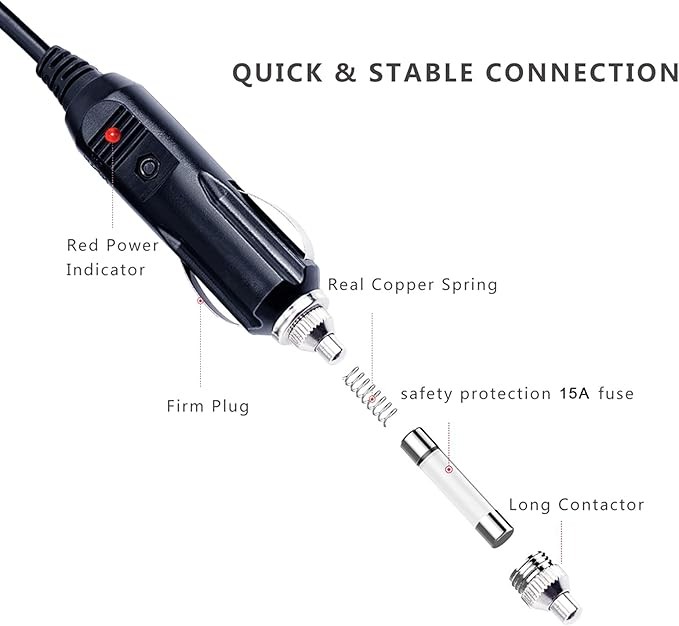 12V Cigarette Lighter Extension Cord 3FT -Car Charger Cigar Lighter Male Plug to Female Socket 18AWG Heavy Duty Extension Cable with LED Lights Extender for Air Compressor Pump and Tire Inflator 15A thumbnail 4