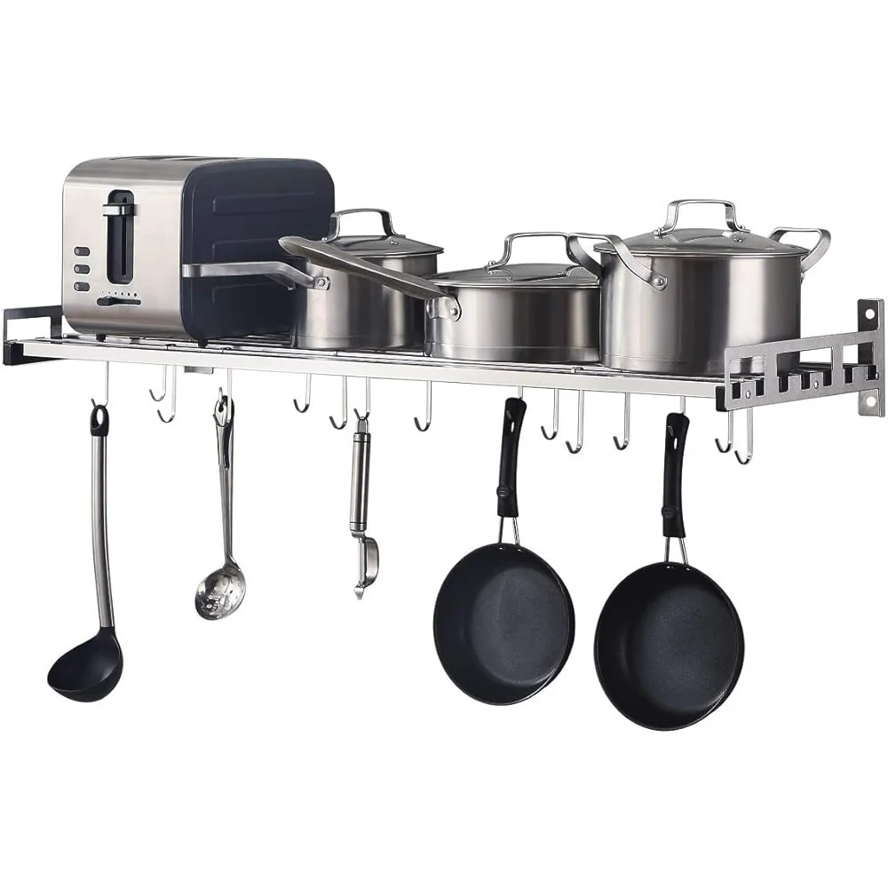 Wall Mounted Stainless Steel Pots and Pans Rack with 16 Hooks Kitchen Organizer Bathroom Shelf Space Saver Home Storage thumbnail 6